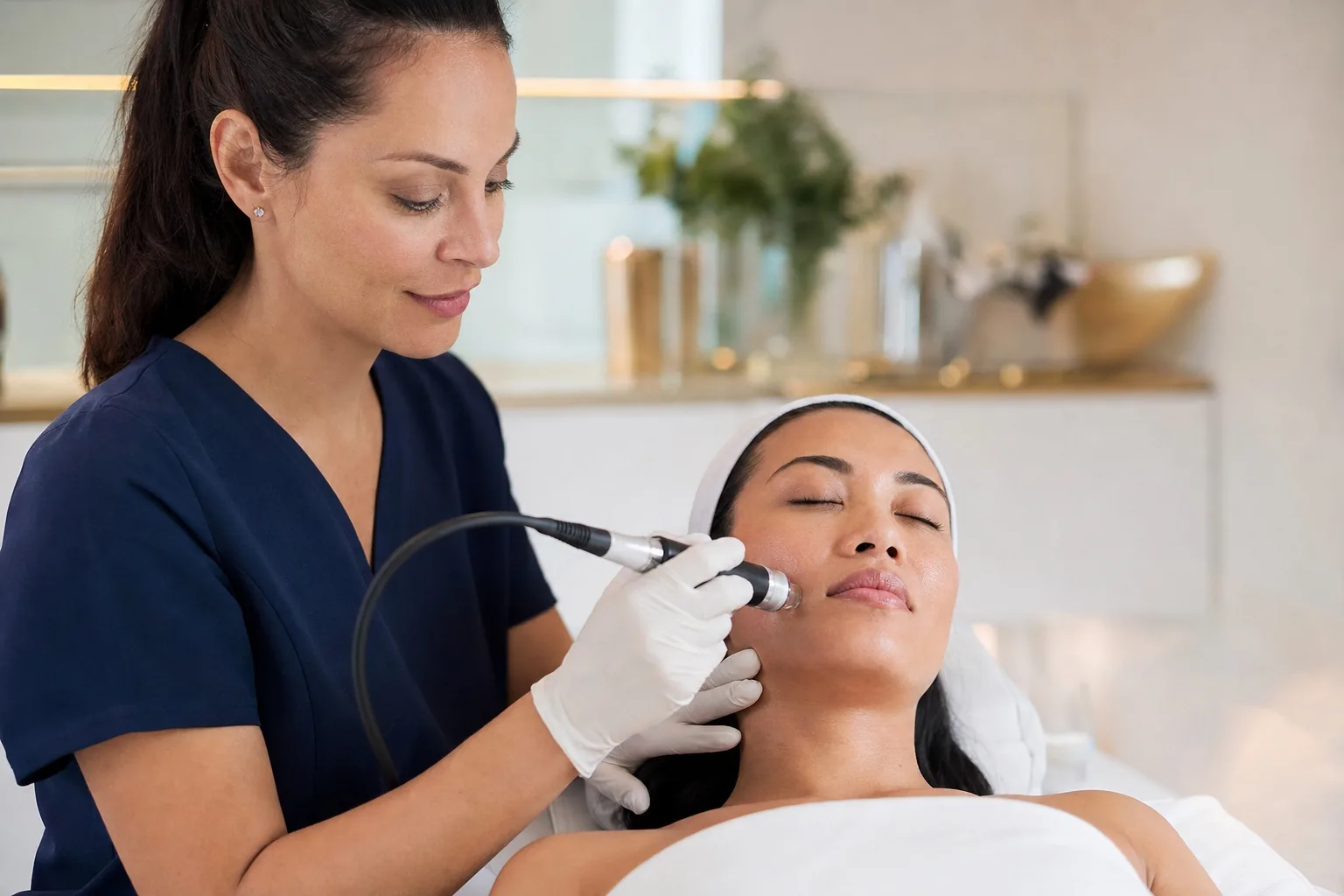 Clinician using a handheld microdermabrasion wand on a calm woman in a bright clinic